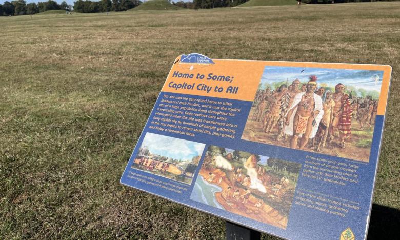Interpretive sign at Plum Bayou Mounds Archeological State Park.